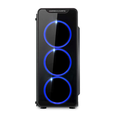 EMPIRE GAMING Warmachine - Gamer-PC-Gehäuse – Mittelgroßer Gehäuseturm ATX - 4 geräuschlose Lüfter - LED-RGB-Dual-Ring: Rückbeleuchtung mit 11 Modi - Front und Seite aus vorgespanntem Glas