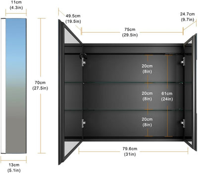 KWW LED Beleuchtetes Badezimmer Medizin Kabinett mit Spiegel, Farbtemperatur Einstellbar, Anti-Nebel Dimmbare Lichter (80 x 70 cm)
