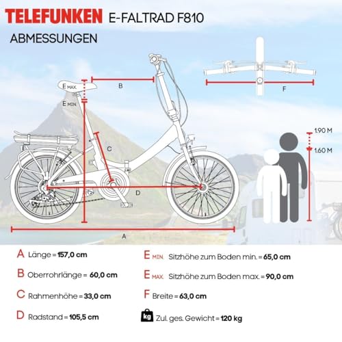 TELEFUNKEN E-Bike Klapprad Elektrofahrrad Alu, 7 Gang Kettenschaltung - Pedelec Faltrad Leicht, 250 W und 10,4 Ah / 36 V Lithium-Ionen-Akku, LCD-Display, 20 Zoll, Kompakt F810