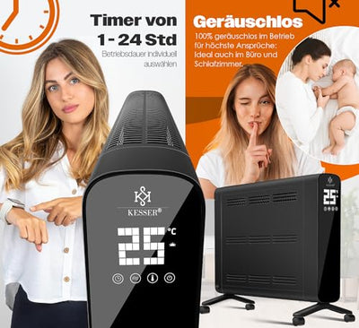 KESSER® Konvektor Premium 1200W ECO 2400W Power Mode Heizstufen Thermostat Elektroheizung WiFi App & Fernbedienung Touch-Display Timer mobiles Heizgerät Energiesparend Überhitzungsschutz Schwarz