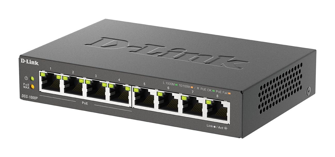 D-Link DGS-1008P, 8-Port Unmanaged PoE+ Gigabit Switch (8 Anschlüsse mit 10/100/1000 Mbit/s, 4 davon mit PoE-Unterstützung, 60W PoE Kapazität, Plug & Play, lüfterlos, Metallgehäuse)