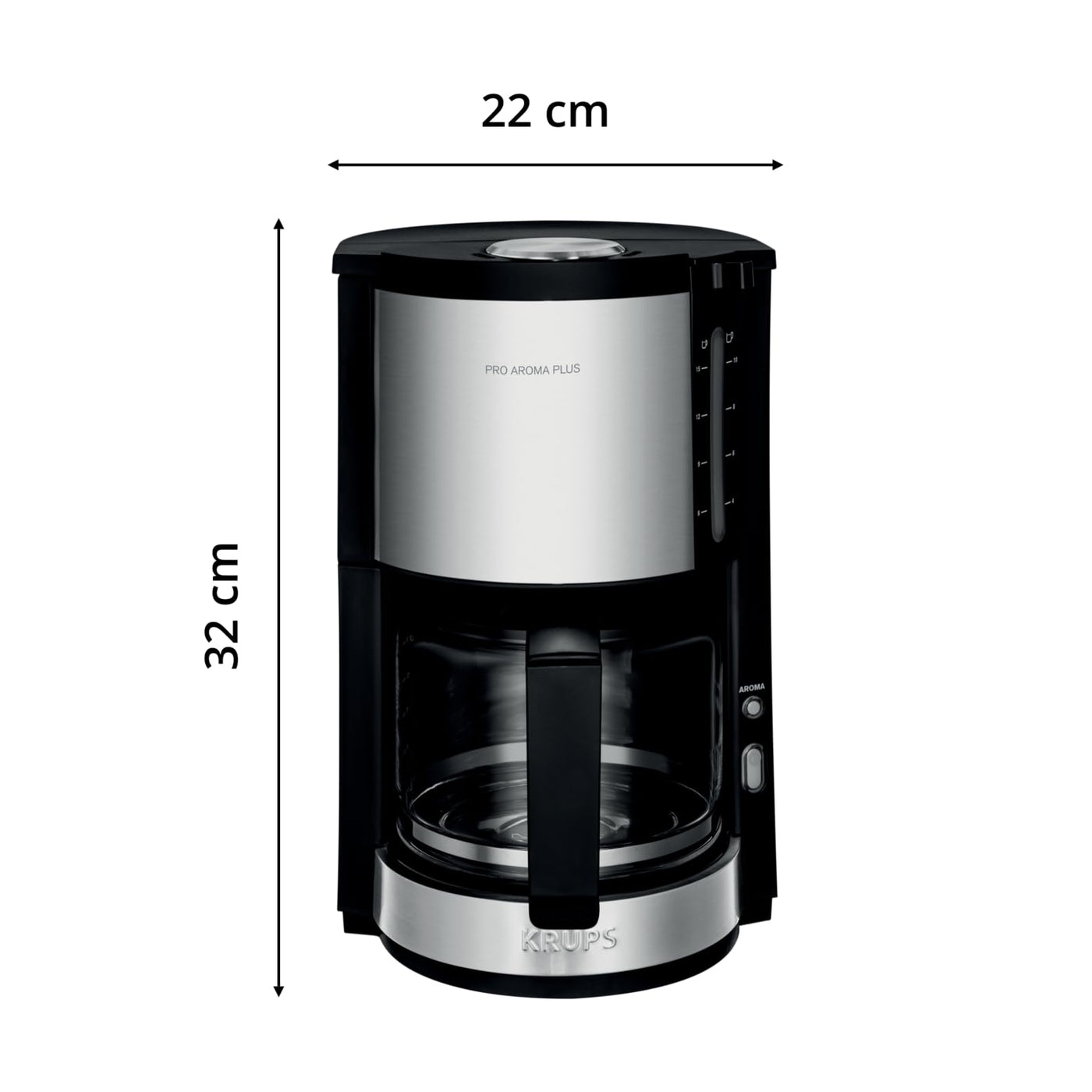 Krups KM3210 Pro Aroma Plus Filterkaffeemaschine | 10 Tassen | 1,25 L | 30-Minuten-Warmhaltefunktion | sichtbares Wasserstands Fenster | Tropfstopp-System | Schwarz mit Edelstahlapplikationen