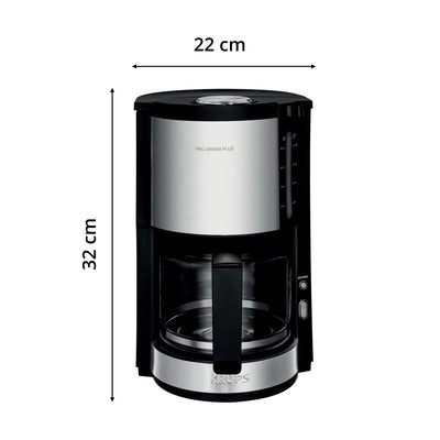 Krups KM3210 Pro Aroma Plus Filterkaffeemaschine | 10 Tassen | 1,25 L | 30-Minuten-Warmhaltefunktion | sichtbares Wasserstands Fenster | Tropfstopp-System | Schwarz mit Edelstahlapplikationen