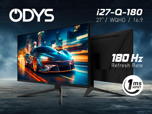 ODYS i27-Q-180 - 27 Zoll Gaming Monitor (69 cm Bildschirm, WQHD, 2.560x1.440 Pixel, 180 Hz, 1 ms Reaktionszeit (MPRT), Fast IPS Panel, FreeSync, HDMI, Display Port, 3,5mm Kopfhöreranschluss)