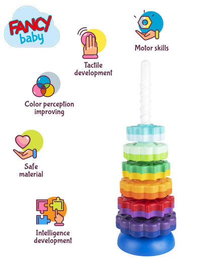 FANCY 40 cm groß Stapelturm Baby Kinderspielzeug ab 1 2 3 Jahre Farbring Pyramide mit Spiralgewinde Zahnradspiel Ringstapelturm Ringpyramide Stapel Ringe für Kinder und Baby