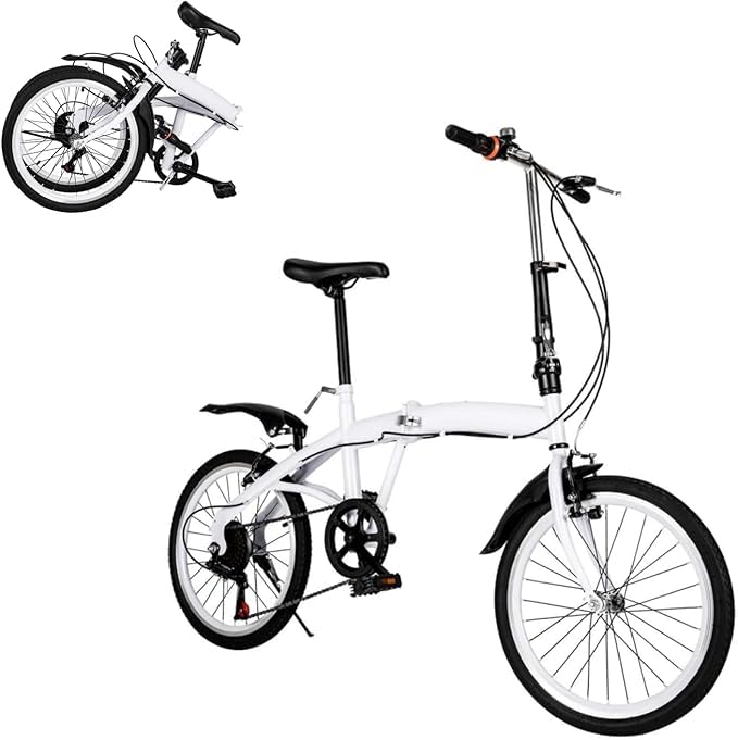MEHOOSPVN 20-Zoll-Faltrad, Klapprad mit 6 Gang-Schaltung, höhenverstellbares Carbonstahl-Faltrad, Federgabel Fahrräder Klappfahrrad für Kinder oder Erwachsene mit Schutzblechen, Weiß