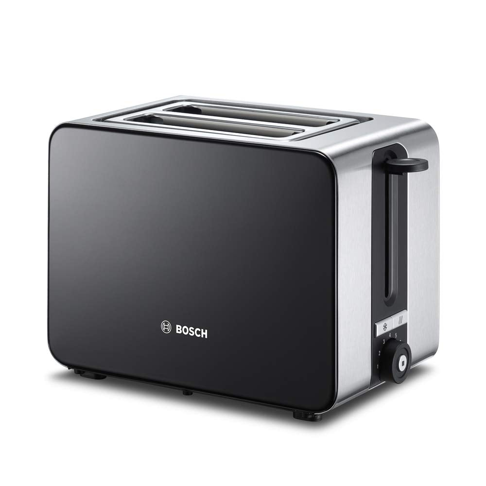 Bosch Kompakt Toaster ComfortLine TAT7203, integrierter Edelstahl-Brötchenaufsatz, mit Abschaltautomatik, mit Auftaufunktion, perfekt für 2 Scheiben Toast,1050 W, Edelstahl/schwarz