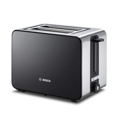 Bosch Kompakt Toaster ComfortLine TAT7203, integrierter Edelstahl-Brötchenaufsatz, mit Abschaltautomatik, mit Auftaufunktion, perfekt für 2 Scheiben Toast,1050 W, Edelstahl/schwarz