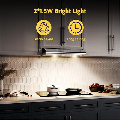 FIREGAS Dunstabzugshaube 60cm für Umluft- oder Abluftbetrieb, Dunstabzugshaube 60cm mit Bürstenloser motor & 3 Leistungsstufen, Abzugshaube Abluftleistung 250 m³/h, Edelstahl