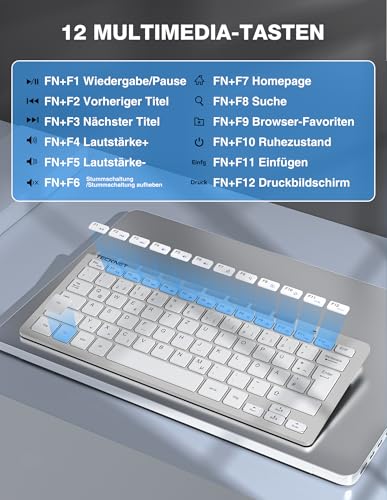 TECKNET Kabelloses Tastatur Maus Set, Deutsch QWERTZ Layout, 2.4 GHz Funk Mini Tastatur Mouse, 15m Reichweite Verbindung, Wireless Leise Funktastatur mit Maus für PC, Laptop, Smart TV, Silber