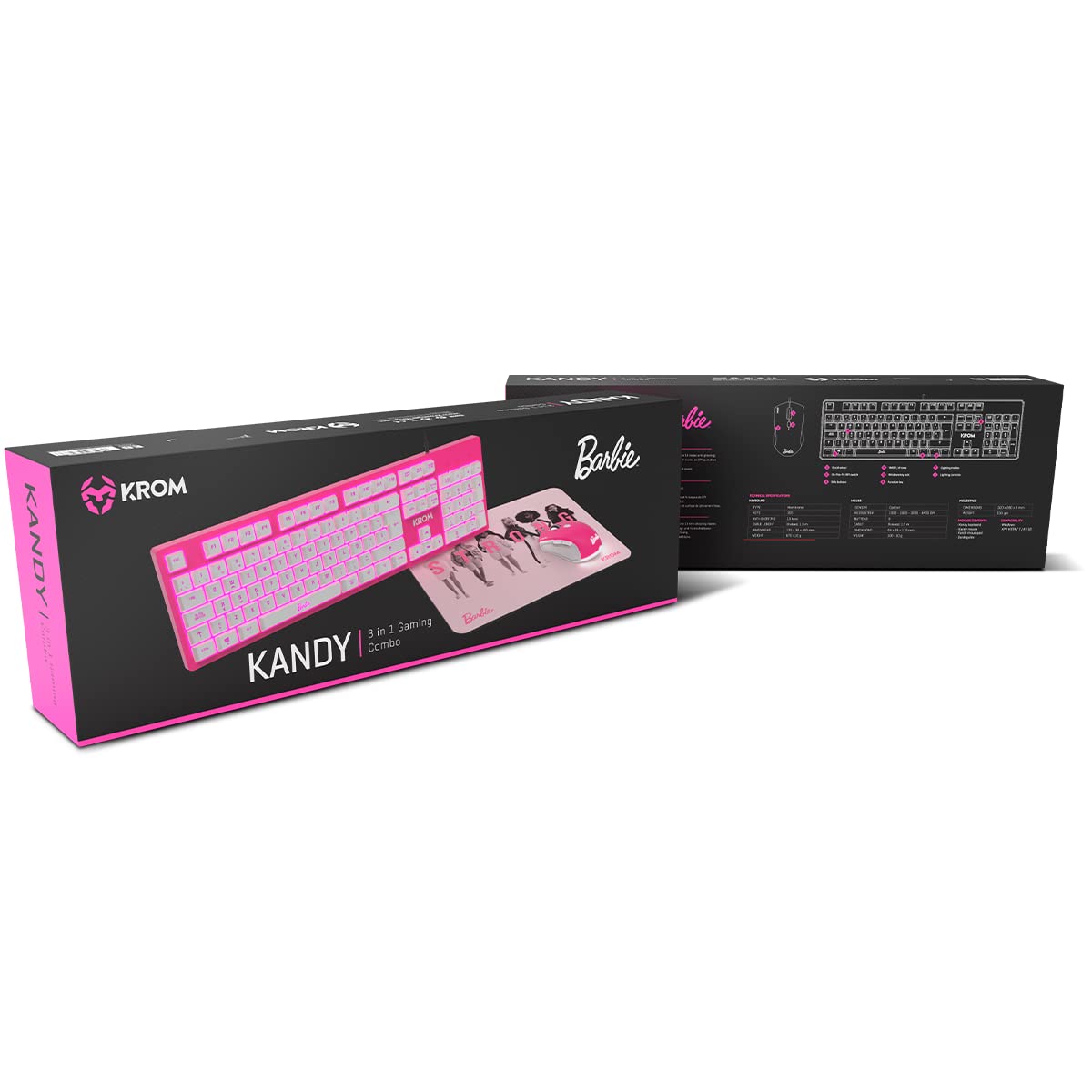 KROM Maus und -Mausunterlage Barbie Edition Kandy - Weiße LED-Membrantastatur, Maus optischem Sensor 6400 DPI, Mause-Matte hat eine Gummibasis, Italienisch Layout, pink