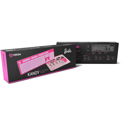 KROM Maus und -Mausunterlage Barbie Edition Kandy - Weiße LED-Membrantastatur, Maus optischem Sensor 6400 DPI, Mause-Matte hat eine Gummibasis, Italienisch Layout, pink