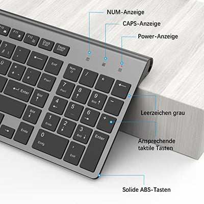 JOYACCESS Tastatur Maus Set Kabellos, 2.4G Ultra-Dünne Funktastatur mit Maus, QWERTZ Layout (Deutsch), Ergonomische Keyboard Mouse für Computer/Desktop/PC/Laptop/Windows 10/8/7, Schwarz und Grau