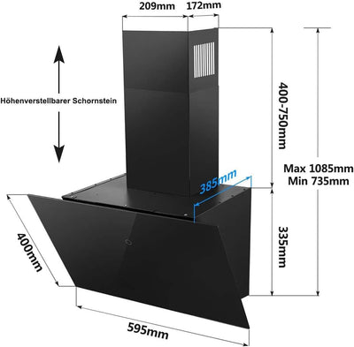 SNDOAS Dunstabzugshaube 60cm, Kopffreie Wandhaube mit 550 m³/h Starker Saugleistung, inkl. Aktivkohlefilter, LED-Anzeige Touchscreen, Verzögerungs-Ausschaltfunktion, Abluft/Umluft, Schwarz