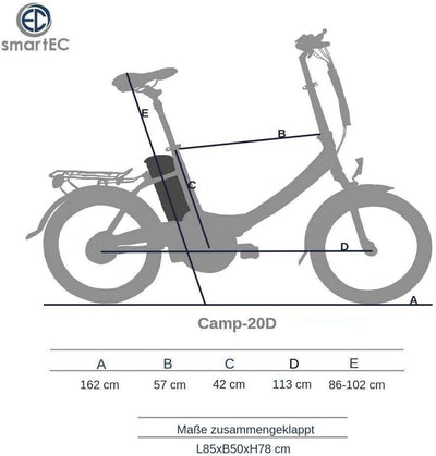 smartEC Camp-20D E-Bike Klapprad 250W Hinterradmotor Li-Ion-Akku 36V/15,6Ah 20 Zoll E-Klapprad E-Faltrad Elektrofahrrad Reichweite 100km bis 25 km/h (Schwarz)