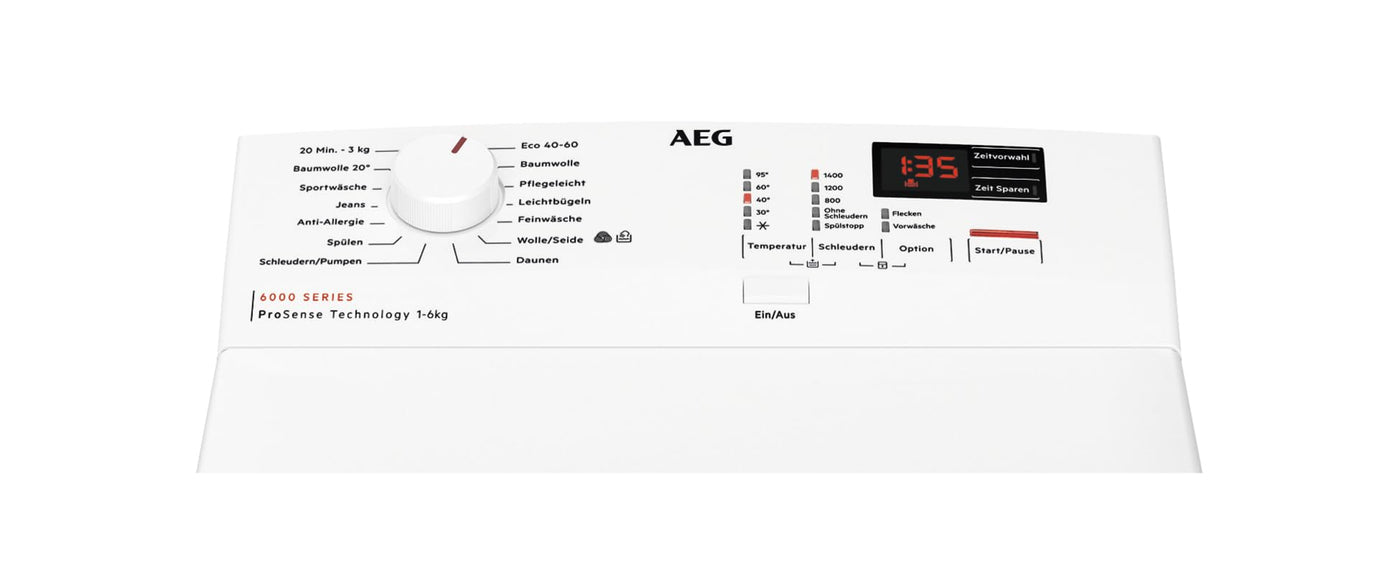 AEG LTR6A41460 Waschmaschine Toplader – Serie 6000 ProSense: Mengenautomatik – 6 kg – EEKL A – SoftOpening Trommeldeckelöffnung – Wasserschutzalarm – Wasserstoppschlauch – Inverter Motor – 1400 U/min