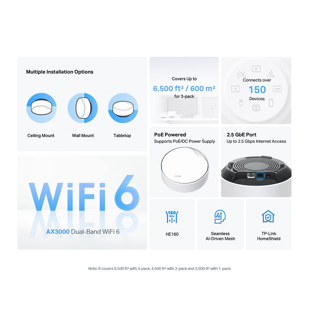 TP-Link Deco X50-PoE Wi-Fi 6 Mesh WLAN Set(3 Pack), AX3000 Dualband Router &Repeater(Unterstützt PoE und DC-Stromversorgung, 2.5Gbps Port, Reichweite bis zu 600m²,WPA3, ideal für große Häus) weiß
