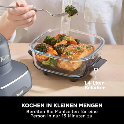 Ninja CRISPi tragbare Airfryer Heißluftfritteuse, 3,8 l, 4-in-1: Heißluftfrittieren, Braten, Warmhalten, Recrisp, kompakt, 6 Portionen, 2x herausnehmbare Glasbehälter & Deckel, 1.700 W, Grau FN101EUGY