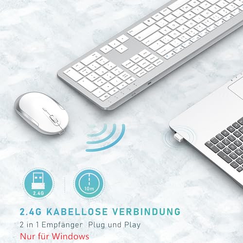 Tastatur Maus Set Kabellos, seenda Ultra-Dünne Wiederaufladbare Funktastatur, Ergonomische Keyboard Mouse mit Silikon Staubschutz für PC/Laptop/Smart TV, QWERTZ Layout Weiß und Silber