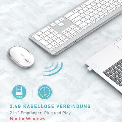 Tastatur Maus Set Kabellos, seenda Ultra-Dünne Wiederaufladbare Funktastatur, Ergonomische Keyboard Mouse mit Silikon Staubschutz für PC/Laptop/Smart TV, QWERTZ Layout Weiß und Silber