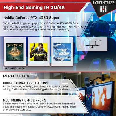 SYSTEMTREFF High-End Gaming PC AMD Ryzen 9 7950X3D 16x5.7GHz | Nvidia GeForce RTX 4080 Super 16GB DX12 | 2TB M.2 NVMe | 32GB DDR5 RAM | WLAN Desktop Computer Rechner für Gamer, Zocker & Streamer