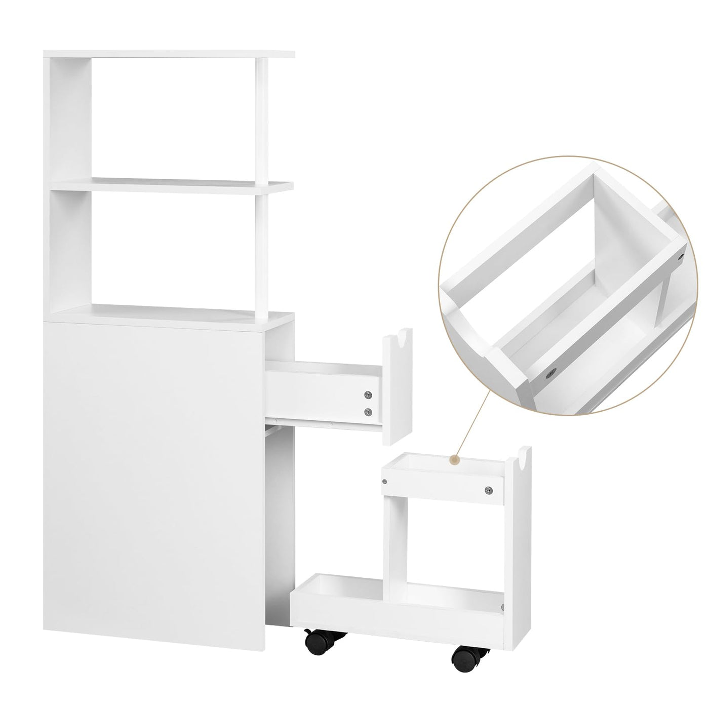 EUGAD Nischenschrank Badezimmer, mit Schublade auf Rollen, offenen Ablagen, Badschrank Badezimmerschrank schmal, Seitenschrank Küchenschrank Mehrzweckschrank, Weiß, 19x113x45 cm (BxHxT)