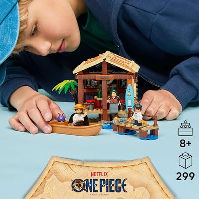 LEGO ONE Piece Windmühlendorf-Hütte - Spielzeug mit Boot, Jungen Ruffy, Shanks & Makino Minifiguren sowie Zubehör - inkl. Steckbrief - Anime-Geschenk für Jungen, Mädchen & Fans ab 8 Jahren - 75636