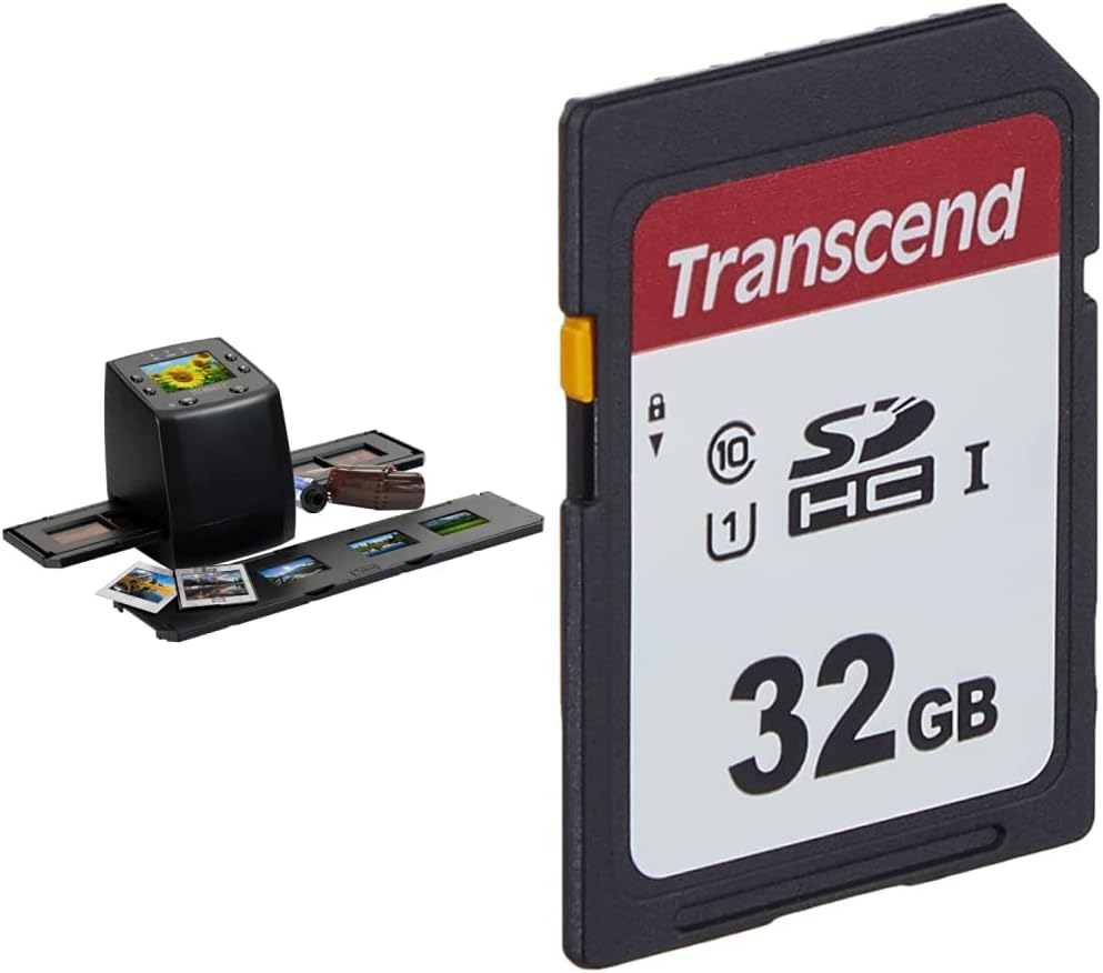 Technaxx DigiScan DS-02 Scanner für Negativfilme und Diafilme (SD-Kartenslot, 6,1 cm (2,4 Zoll) TFT-Display, USB 2.0) & Transcend Highspeed 32GB SDHC Speicherkarte Class 10, UHS-I U1 TS32GSDC300S-E