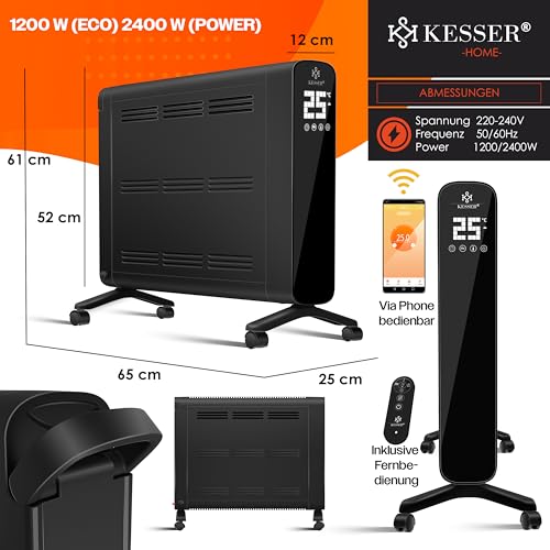 KESSER® Konvektor Premium 1200W ECO 2400W Power Mode Heizstufen Thermostat Elektroheizung WiFi App & Fernbedienung Touch-Display Timer mobiles Heizgerät Energiesparend Überhitzungsschutz Schwarz
