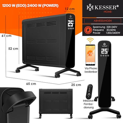 KESSER® Konvektor Premium 1200W ECO 2400W Power Mode Heizstufen Thermostat Elektroheizung WiFi App & Fernbedienung Touch-Display Timer mobiles Heizgerät Energiesparend Überhitzungsschutz Schwarz