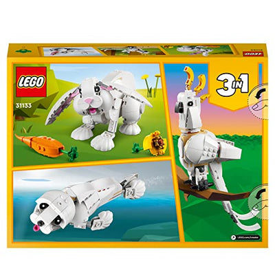 LEGO 31133 Creator 3in1 Weißer Hase Tierspielzeug Set mit Hasen-, Robben- und Papageienfiguren, Baustein-Konstruktionsspielzeug für Kinder ab 8 Jahren