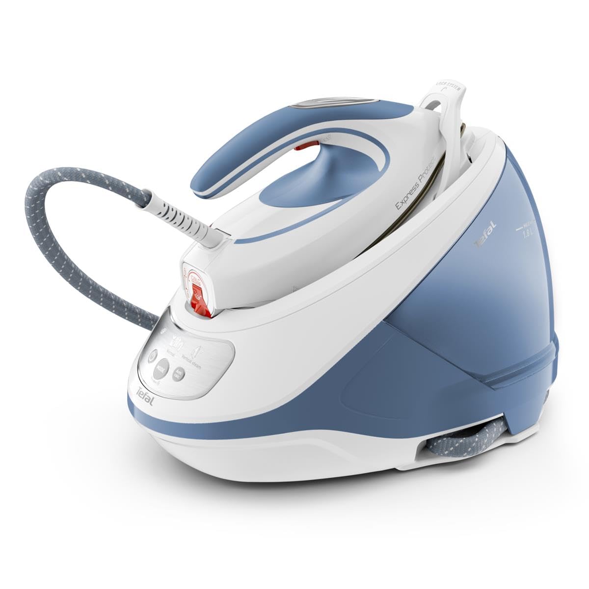 Tefal Dampfbügelstation Express Protect SV9202|7,5 bar|Dampfstoß:520 g/Min.|Dauerdampfmenge:130 g/Min.|Anti-Kalk-Kollektor|Durilium AirGlide Autoclean-Bügelsohle|2600w|1.8L|39.8x24.3x29.4cm|Weiß/Blau