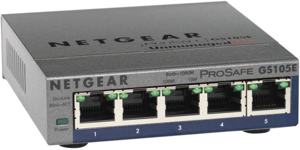 Netgear GS105E Managed Switch 5 Port Gigabit Ethernet LAN Switch Plus (Netzwerk Switch Managed, IGMP, QoS, VLAN, lüfterlos, robustes Metallgehäuse, ProSAFE Lifetime-Garantie), Grau