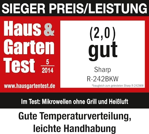 Sharp R242BKW Solo-Mikrowelle / 20 L / 800 W / 5 Leistungsstufen / 8 Automatikprogramme / Gewicht und zeitgesteuerte Auftauen / Kindersicherung / Energiesparmodus / Glasdrehteller (25,5 cm) / schwarz