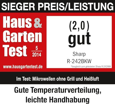 Sharp R242BKW Solo-Mikrowelle / 20 L / 800 W / 5 Leistungsstufen / 8 Automatikprogramme / Gewicht und zeitgesteuerte Auftauen / Kindersicherung / Energiesparmodus / Glasdrehteller (25,5 cm) / schwarz