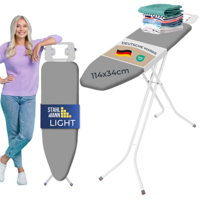 STAHLMANN ® Bügelbrett [114x34 Bügelfäche ] mit rutschfesten Füßen – robuster Bügeltisch – extra stabiles Bügelbrett [Made IN EU] – Tischbügelbrett