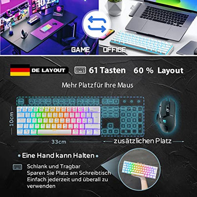 RK61 Mechanische Gaming-Tastatur, 2,4 GHz Wireless/Bluetooth/Wired 60% Mechanische Tastatur 61 Tasten Hot-Swap-fähiger Blauer Schalter mit RGB-Beleuchtung Kompatibel für Win/Mac, Weiß (QWERTZ)