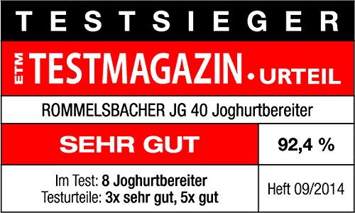 ROMMELSBACHER Joghurtbereiter JG 40 - für bis zu 1200 g Joghurt, LCD Display, 18 Stunden Zeitschaltuhr, automatische Abschaltung, elektronische Temperaturregelung, 8 Portionsgläser à 150 ml, 40 Watt