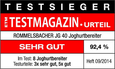 ROMMELSBACHER Joghurtbereiter JG 40 - für bis zu 1200 g Joghurt, LCD Display, 18 Stunden Zeitschaltuhr, automatische Abschaltung, elektronische Temperaturregelung, 8 Portionsgläser à 150 ml, 40 Watt