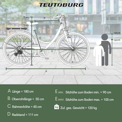 Teutoburg Senne Fahrrad Pedelec Citybike Elektrofahrrad schwarz, E-Bike 28 Zoll, 10,4 Ah/36V Lithium Ionen Akku, 7-Gang Kettenschaltung, inkl. Panzerkabelschloss
