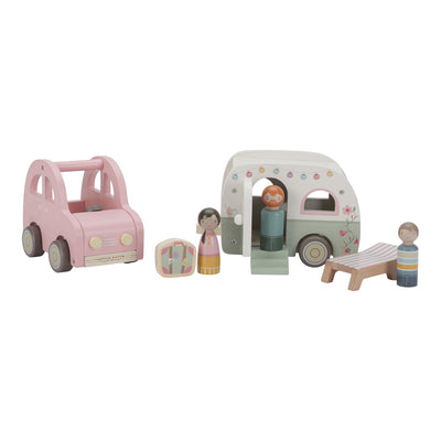 Little Dutch 8022 FSC Holz Auto mit Wohnwagen, Spielfiguren und Zubehör 10-teiliges Set - rosa