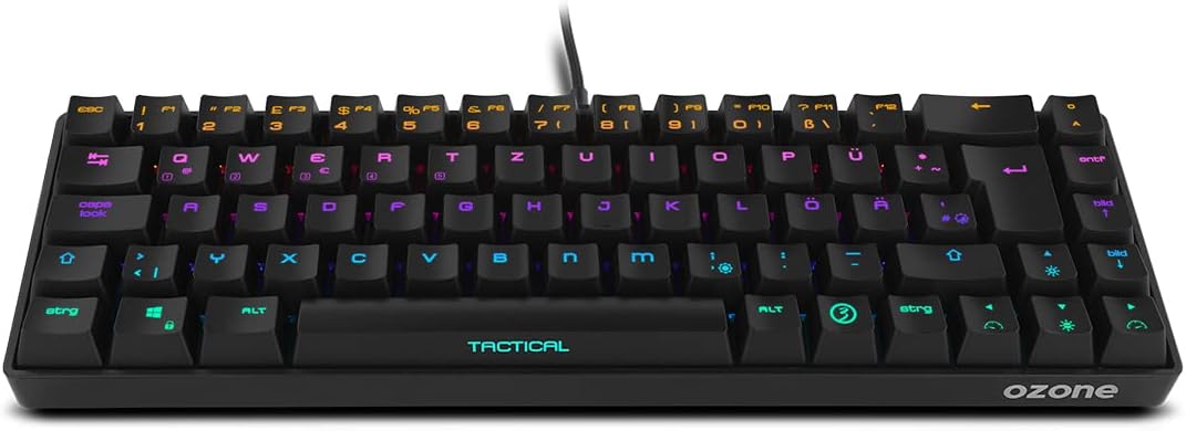 Ozone Gaming Mini Tactical Keyboard -OZTACTICALDE- Mechanische Tastatur ohne Ziffernblock, Bluetooth, Outemu Red Switches, RGB LED Beleuchtung, leise, DE Layout, Schwarz