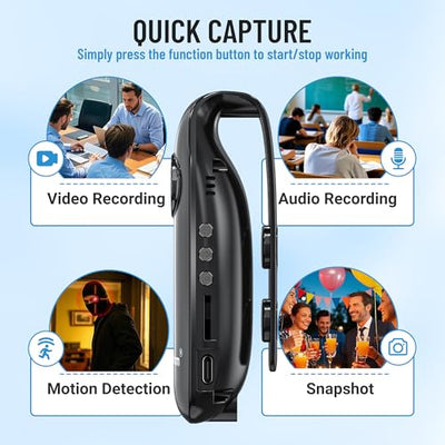 Mini Body Kamera mit Audio- und Videoaufnahme 1080P 64GB Bewegungserkennung Videorecorder Tragbarer POV Camcorder mit magnetischer Tasche Tragbarer DV für Radfahren, Haustiere, Wandern, Travaling