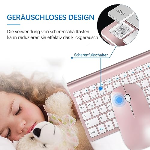 Tastatur Maus Set Ultra Slim, TopMate 2,4G Stille Compact USB 2400DPI Maus und Schissschalter Tastatur mit Abdeckung, mit 2 AA & 2 AAA Batterien für PC/Laptop/Windows/Mac-Rose Gold Weiß