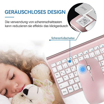 Tastatur Maus Set Ultra Slim, TopMate 2,4G Stille Compact USB 2400DPI Maus und Schissschalter Tastatur mit Abdeckung, mit 2 AA & 2 AAA Batterien für PC/Laptop/Windows/Mac-Rose Gold Weiß