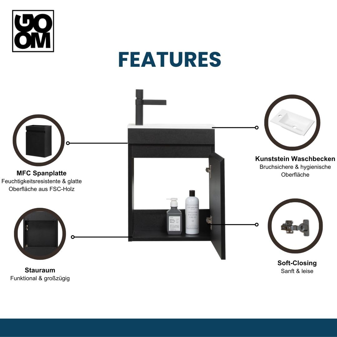GOOM Gäste-WC Waschtisch Set 40 cm Badmöbel Vormontiert Klein Waschbecken mit Unterschrank (Schwarz)