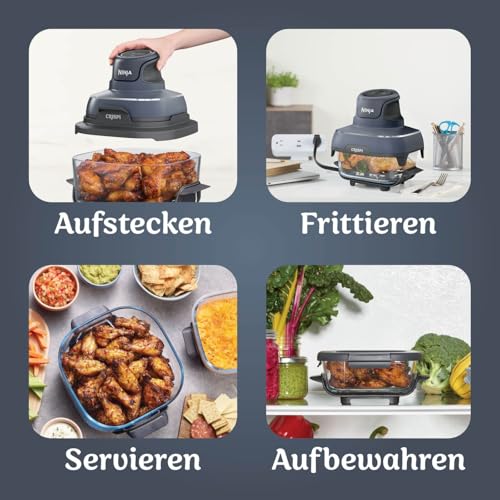 Ninja CRISPi tragbare Airfryer Heißluftfritteuse, 3,8 l, 4-in-1: Heißluftfrittieren, Braten, Warmhalten, Recrisp, kompakt, 6 Portionen, 2x herausnehmbare Glasbehälter & Deckel, 1.700 W, Grau FN101EUGY
