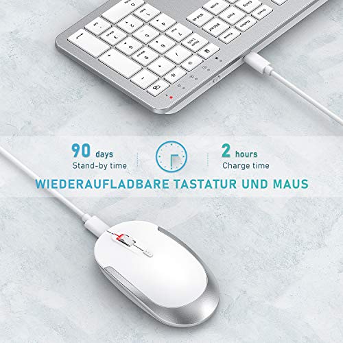 Tastatur Maus Set Kabellos, seenda Ultra-Dünne Wiederaufladbare Funktastatur, Ergonomische Keyboard Mouse mit Silikon Staubschutz für PC/Laptop/Smart TV, QWERTZ Layout Weiß und Silber