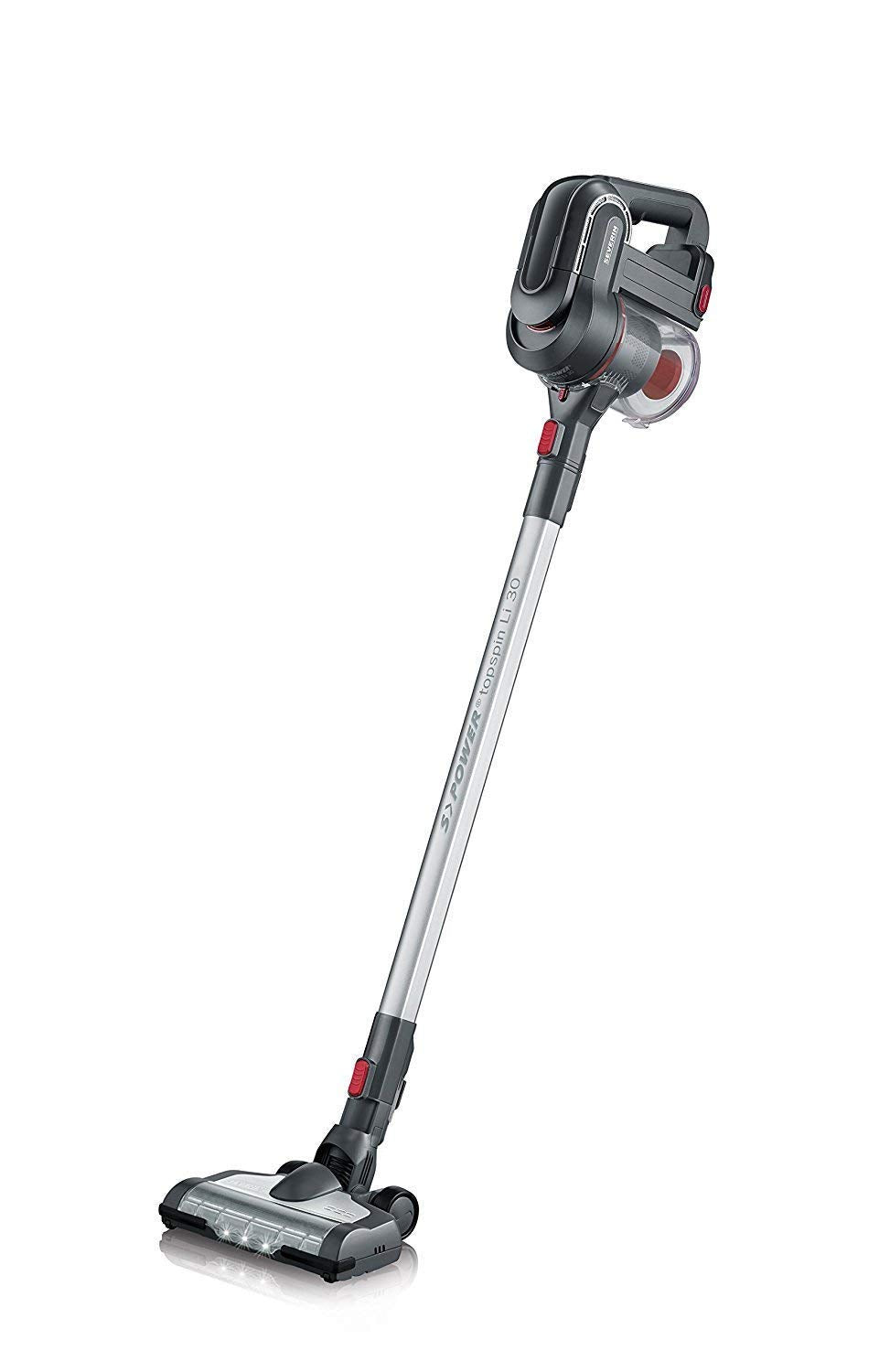 Severin HV 7165, Beutelloser Hand- und Stielsauger mit Elektrobürste und Digitalmotor, 22,2V Lithium-Ionen Akku, S´POWER topspin Li 30, grau/rot
