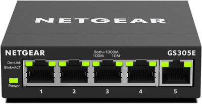Netgear GS305E Managed Switch 5 Port Gigabit Ethernet LAN Switch Plus (Plug-and-Play, Netzwerk Switch Managed, IGMP Snooping, QoS, VLAN, lüfterlos, robustes Metallgehäuse), Schwarz